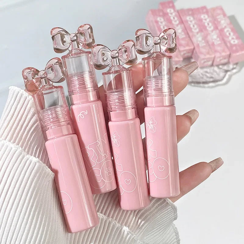 Cute Bow Water Mirror Lip Glaze Peach Pink Lipstick Liquid Moisturizing Non-stick Lip Gloss Makeup Sexy Red Lip Tint Cosmetics