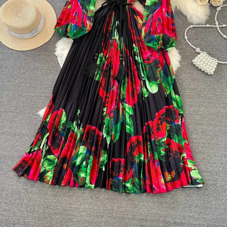 Spring Holiday Print Long Dress For Women Fashion Loose Lantern Sleeve Party Robe Female Big Swing Tassels Belt Pleated Clothes - Lootquake