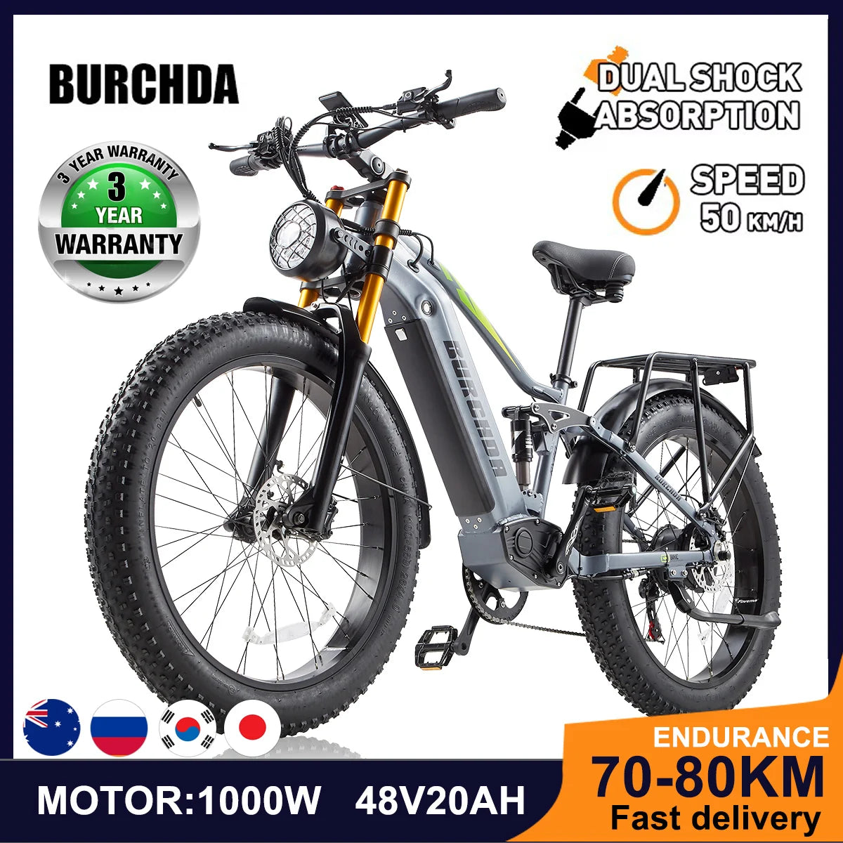 Bicicleta eléctrica BURCHDA RX80 para adultos, motor de 1000 W, batería de 48 V 20 Ah, neumáticos anchos todoterreno de 26", bicicleta eléctrica para montaña y nieve, ciclismo todoterreno
