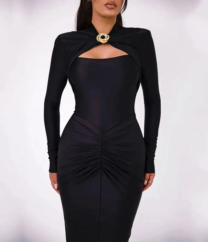 GACVGA Sexy Hollow Out Ruched Maxi Dress For Women 2024 Autumn Winter Long Sleeve Slit Slim Elegant Party Evening Long Dress - Lootquake