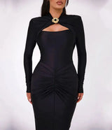 GACVGA Sexy Hollow Out Ruched Maxi Dress For Women 2024 Autumn Winter Long Sleeve Slit Slim Elegant Party Evening Long Dress - Lootquake