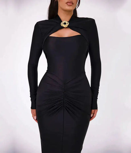 GACVGA Sexy Hollow Out Ruched Maxi Dress For Women 2024 Autumn Winter Long Sleeve Slit Slim Elegant Party Evening Long Dress - Lootquake