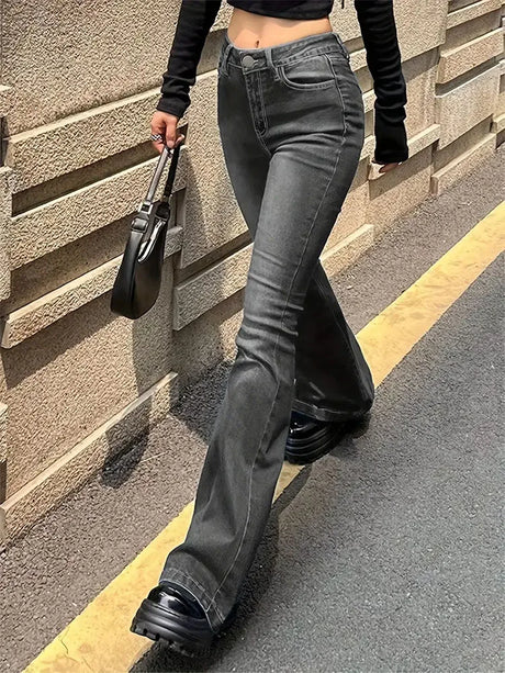 Women Flare Stretch Moustache Jeans Fashion Skinny Bell Bottom High Waist Gray Denim Pants Lady Classic Y2K Punk Long Trousers - Lootquake
