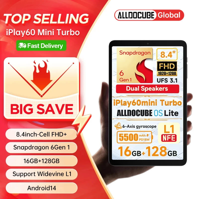 Tablette Alldocube iPlay60 Mini Turbo 8,4 pouces Snapdragon 6Gen 1 Android 14 8 Go + 8 Go de mémoire virtuelle RAM + 128 Go de ROM Widevine L1