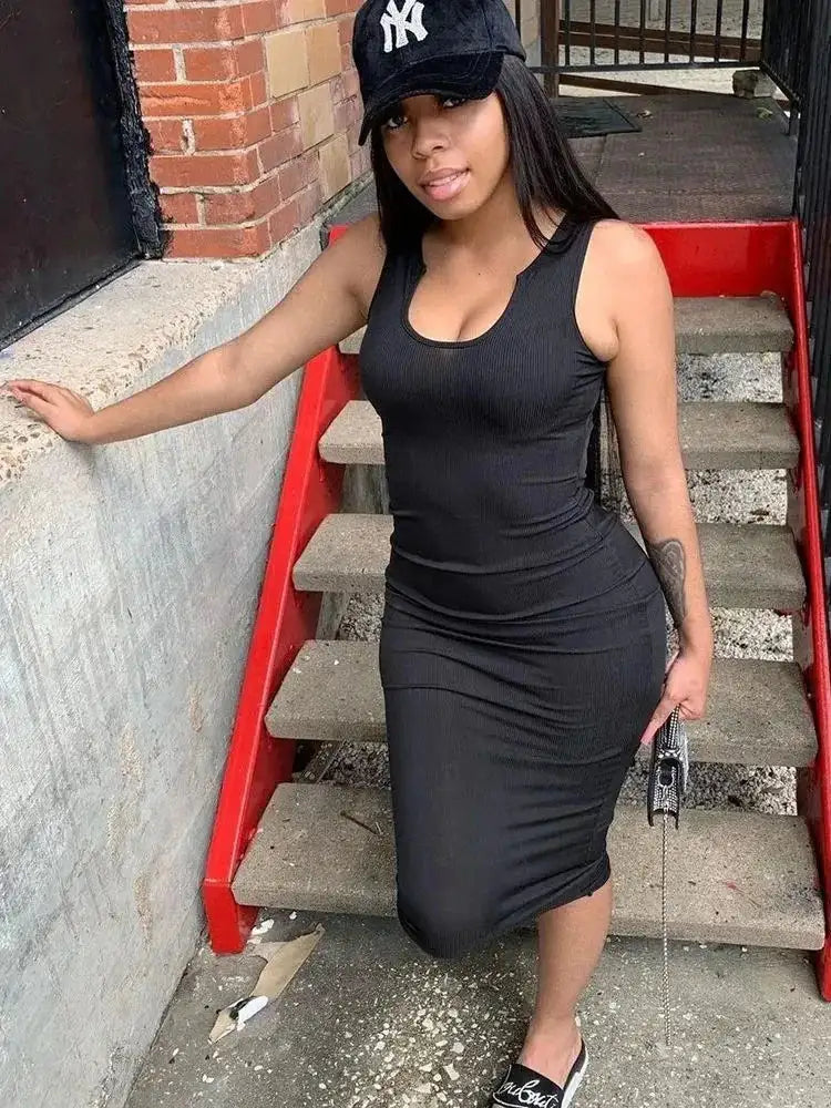 Sifreyr Ribbed V Neck Tank Long Dress Women Solid Sleeveless Bodycon Maxi Dress Sexy Streetwear Party Club Outfits Slim Sundress - Lootquake