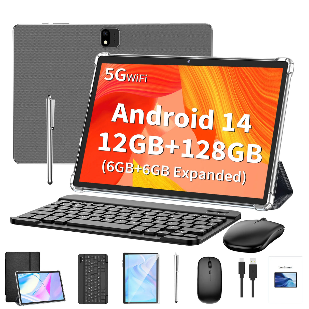 Relndoo Android 14 Tablet 10.1 Inch, 12GB(6+6 Expanded) RAM+128GB ROM, Dual Cameras, BT5.0, WIFI, IPS Display Screen, Type-C