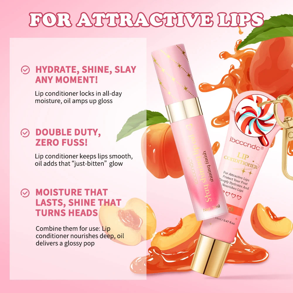 Lip Oil Lipstick Set Lightweight Peach Flavor Lipgloss Lip Deeply Moisturizing Long Lasting Hydration Lip Makeup Cosmetics
