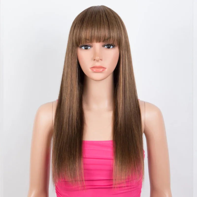 Blonde Highlight Straight Wig with Bangs | 180% Density Glueless Full Machine Made Brazilian Ombre Human Hair