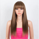 Blonde Highlight Straight Wig with Bangs | 180% Density Glueless Full Machine Made Brazilian Ombre Human Hair