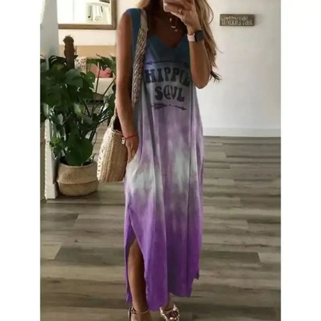 Women's Oversized Sleeveless Pocket Long Dress Women's Tie Dyed Letter Long Dress Casual Loose Slit Gradient Printed Dress - Lootquake