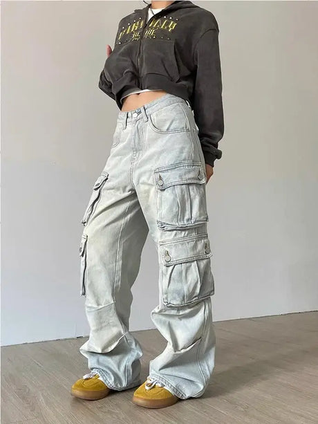 Autumn Winter New Ladies Cargo Jeans American Street Style Baggy Cargo Pants Women Blue Multi-pocket Wide Leg Jeans for Women - Lootquake