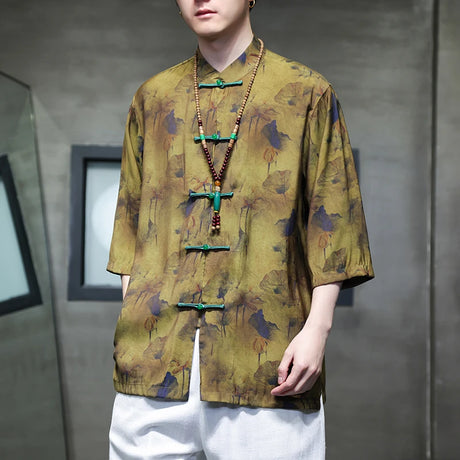 M-5XL Plus Size Mens Chinese Traditional Floral Printed Tang Shirts Frog Button Down Kong Fu Half Sleeve Summer Clothing XXXXXL - Lootquake
