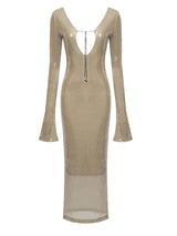 BEVENCCEL Sexy Luxury Sequins Deep V Long Sleeve Backless Sequins Long Dress Elegant  Bodycon Maxi Evening Party Clubwear Dress - Lootquake