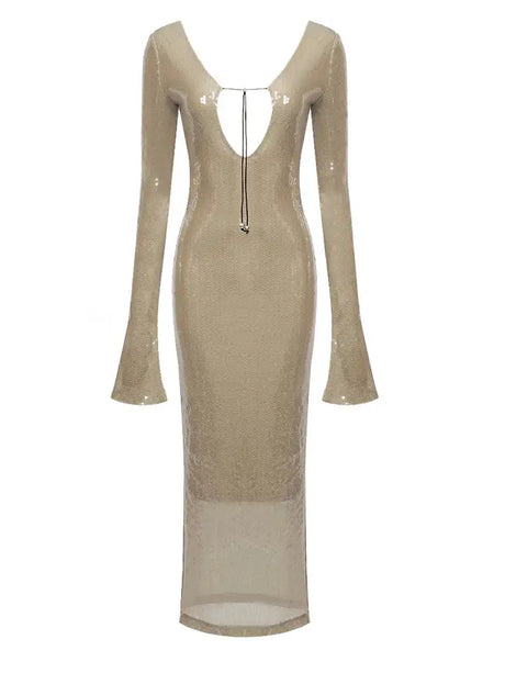 BEVENCCEL Sexy Luxury Sequins Deep V Long Sleeve Backless Sequins Long Dress Elegant  Bodycon Maxi Evening Party Clubwear Dress - Lootquake