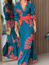 Deioao Sexy Elegant Long Dress Robes For Women V Neck Long Sleeve Loose Flower Laceup Fashion Travel Casual Plus Female Clothing - Lootquake