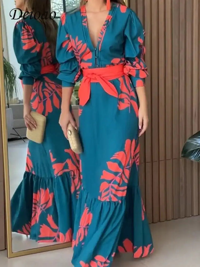 Deioao Sexy Elegant Long Dress Robes For Women V Neck Long Sleeve Loose Flower Laceup Fashion Travel Casual Plus Female Clothing - Lootquake