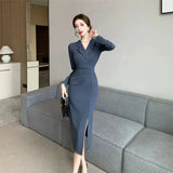 Women Pink Pleated Bodycon Formal Long Dress Autumn Winter Long Sleeve Chic Suit Dress 2025 Korean Fashion Elegant Party Dresses - Lootquake