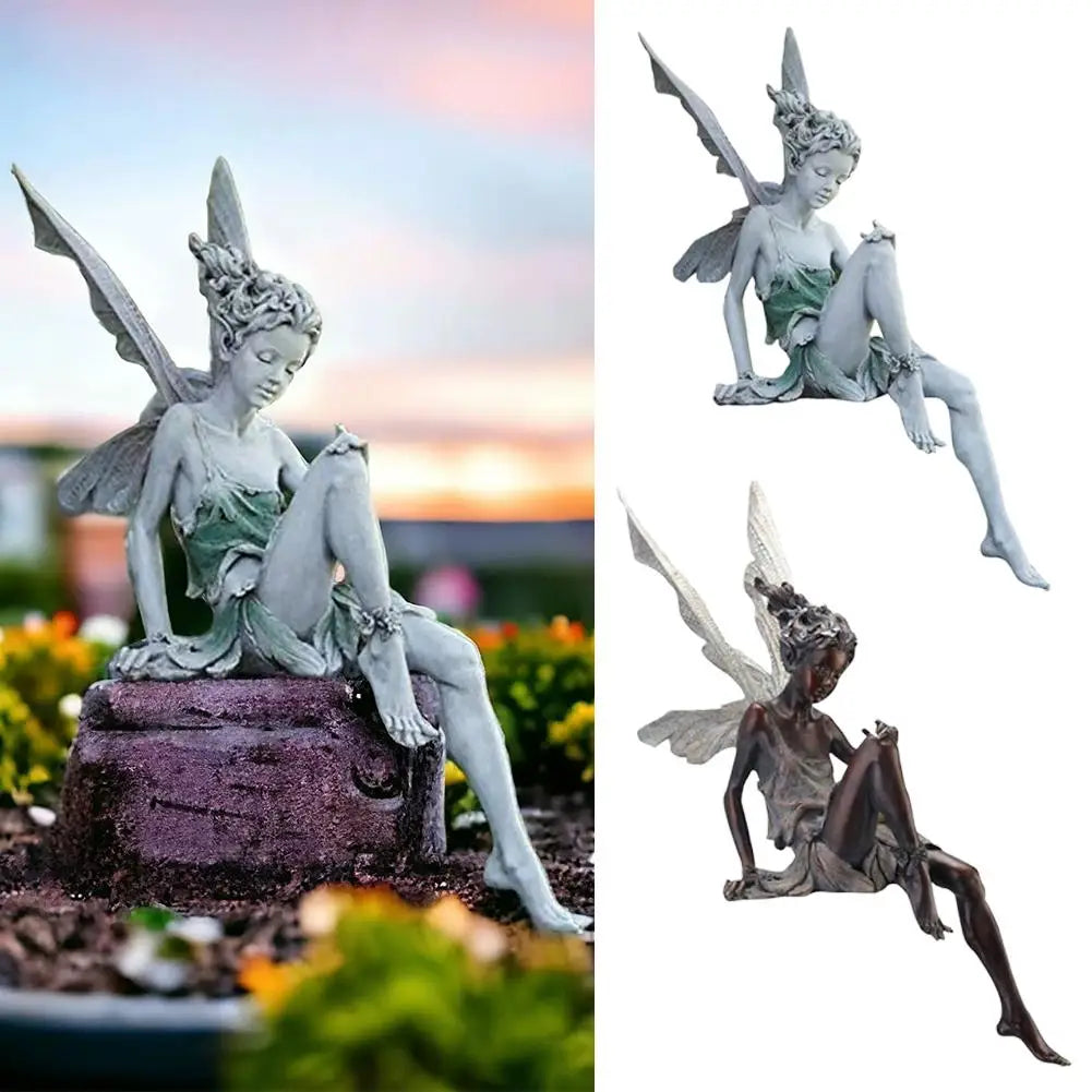 Flower Fairy Sculpture Garden Landscaping Yard Art Ornament Resin Turek Sitting Statue Outdoor Angel Figurines Craft Decoration