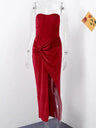 Elegant Velvet Knot Side Split Strapless Maxi Dress Women Back Bandage Off Shoulder Sleeveless Evening Long Dress Party Vestidos - Lootquake