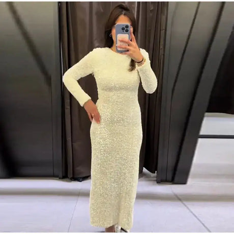 Sequined Party Dresses For Women Removable Sleeve O-neck Slim Long Dress Female 2025 Elegant White Lady Sexy Evening Vestidos - Lootquake