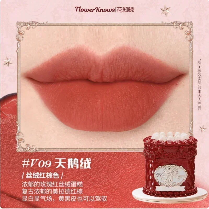 Crema labial Flower Knows Strawberry Cupid Cake, barra de labios hidratante mate, maquillaje de labios suave y sedoso, cosméticos profesionales.