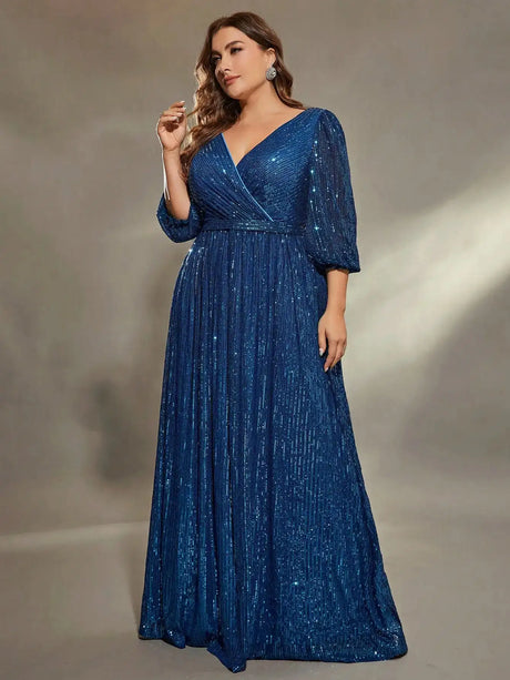 Mgiacy plus size V-neck bust pleated mid-long sleeve A-frame sequin long dress Evening gown PROM dress Party dress - Lootquake