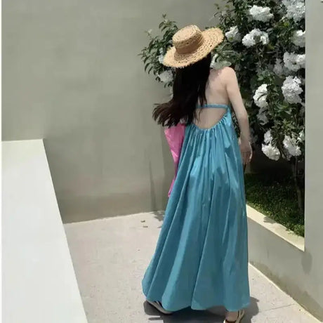 Summer Vacation Dress Thailand Style Open-back Halter Neck Age-reducing Photography Beach Long Dress Belted - Lootquake