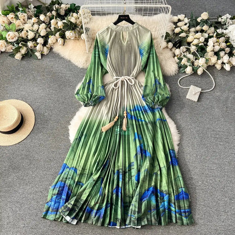 Spring Holiday Print Long Dress For Women Fashion Loose Lantern Sleeve Party Robe Female Big Swing Tassels Belt Pleated Clothes - Lootquake