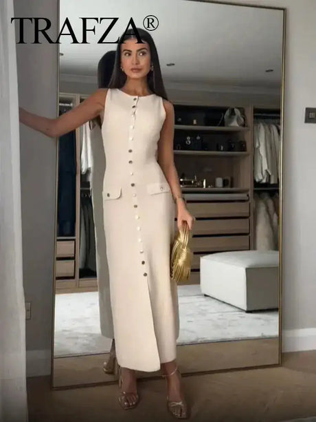 TRAFZA Women Elegant Solid Sleeveless Knitted Long Dress Fashion Single Breasted O Neck Dresses Female Chic Slim Midi Tank Dress - Lootquake