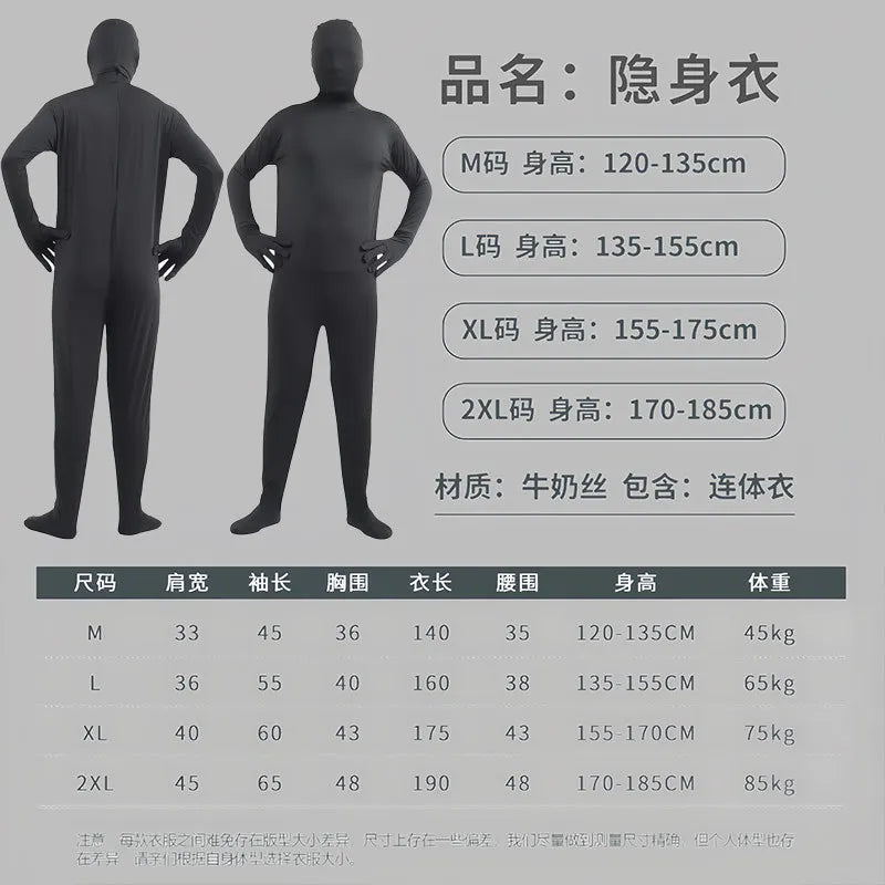 Halloween Costume for Adults & Kids Solid Black JumpSuit Invisible Man & Cat Character Men's Tight Invisibility Clothes
