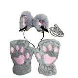 5Pcs Sets Cat Paw Gloves Winter Cute Cartoon Girl Open Finger Gloves Bell Headband Fox Cat Ear Headwear