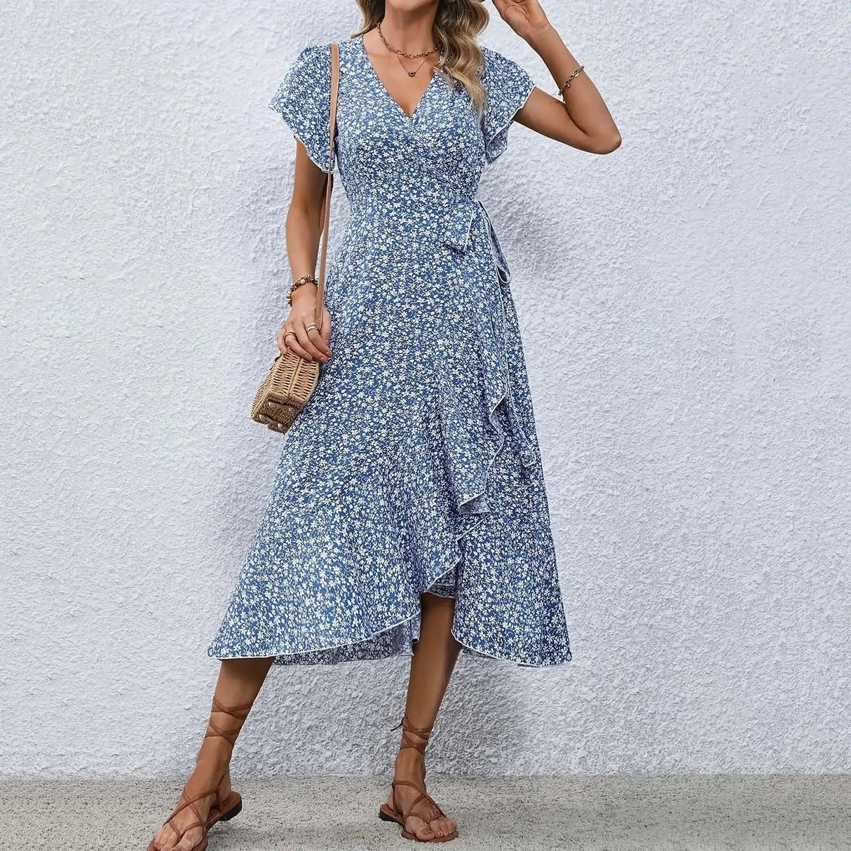 Women's Flowy Split Midi Floral Wrap Dress Summer Irregular High Waist Boho Long Dress A-Line V-Neck Holiday Beach Sundress - Lootquake