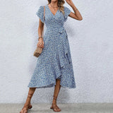 Women's Flowy Split Midi Floral Wrap Dress Summer Irregular High Waist Boho Long Dress A-Line V-Neck Holiday Beach Sundress - Lootquake