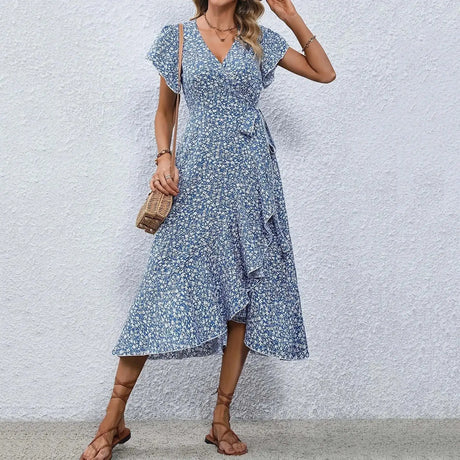 Women's Flowy Split Midi Floral Wrap Dress Summer Irregular High Waist Boho Long Dress A-Line V-Neck Holiday Beach Sundress - Lootquake