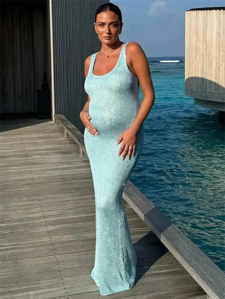 Tossy Sequin Slim Scoop Neck Maxi Dress Female Backless Glitter See-Through Sexy Patchwork Autumn Dress Women's Long Dress 2024 - Lootquake