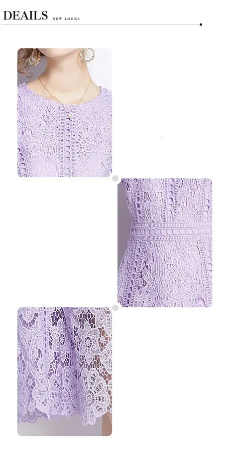 SMTHMA Vintage High-End O-Neck Short Sleeve Lace Hollow Out Dress For Women's Summer Slim Elegant Long Dress Female Clothing - Lootquake