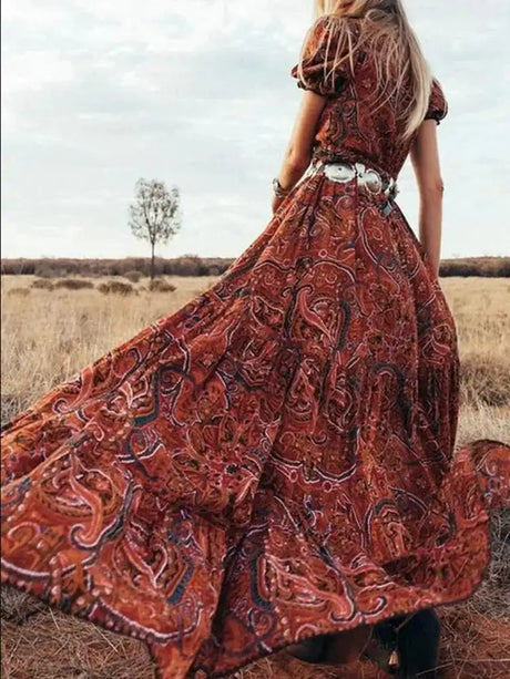 TEELYNN boho long dress Vintage 2023 floral print Chiffon three quarter sleeve v-neck summer Gypsy Hippie women dresses vestidos - Lootquake