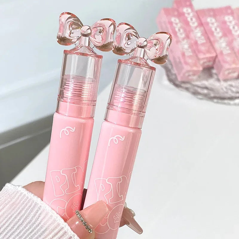 Cute Bow Water Mirror Lip Glaze Peach Pink Lipstick Liquid Moisturizing Non-stick Lip Gloss Makeup Sexy Red Lip Tint Cosmetics
