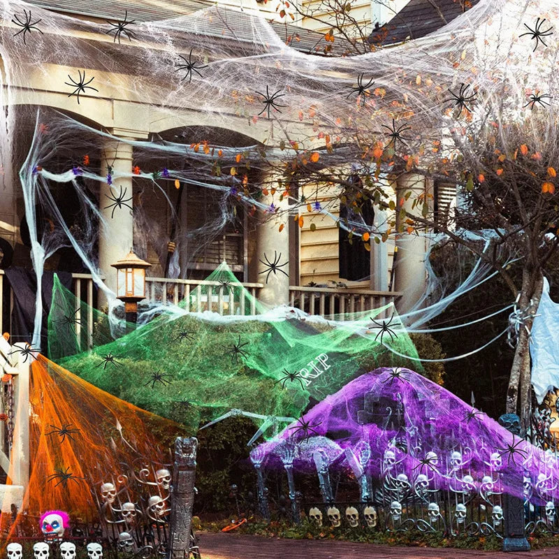 1set Halloween Decoration For Bar Haunted House Halloween Scary Party Scene Props White Stretchy Cobweb Spider Web Horror