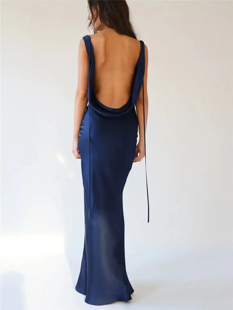 Fashion Women Satin Vintage Long Bodycon Dress Elegant Backless Spaghetti Strap Long Dress Y2K Sexy Low Cut Club Party Dress - Lootquake