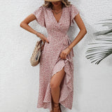 Women's Flowy Split Midi Floral Wrap Dress Summer Irregular High Waist Boho Long Dress A-Line V-Neck Holiday Beach Sundress - Lootquake