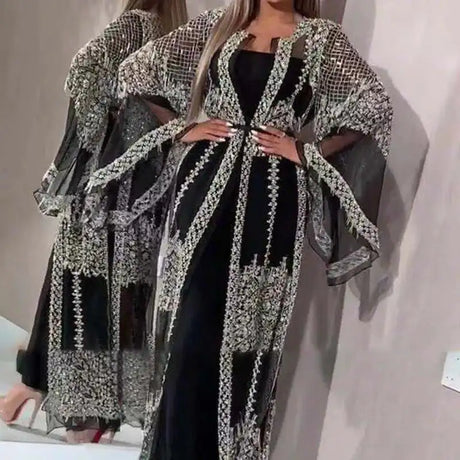 Elegant Women Glitter Flared Long Sleeve Long Dress Vintage French Evening Dress Sexy Ladies Mesh Patchwork Split Party Dresses - Lootquake