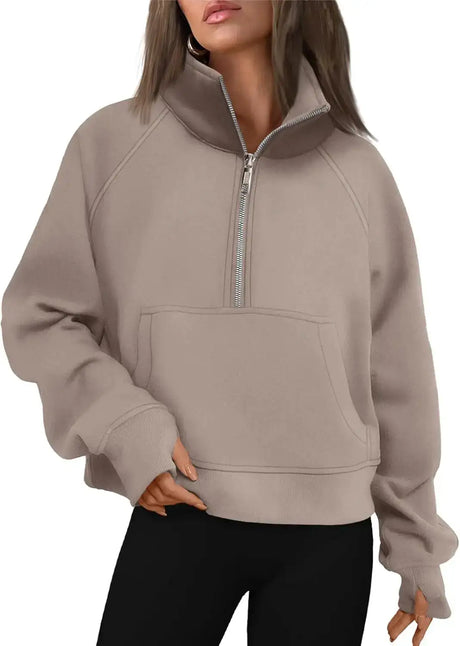 Womens Sweatshirts Half Zip Cropped Pullover Fleece Quarter Zipper Hoodies Fall outfits Clothes Thumb Hole - Lootquake