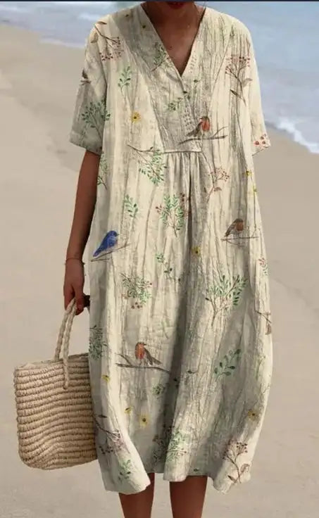 Casual Short Sleeved V-neck Big Swing Dress 2024 New Women's Loose Printed Long Dress Female Retro Flower Print Pullover Dresses - Lootquake