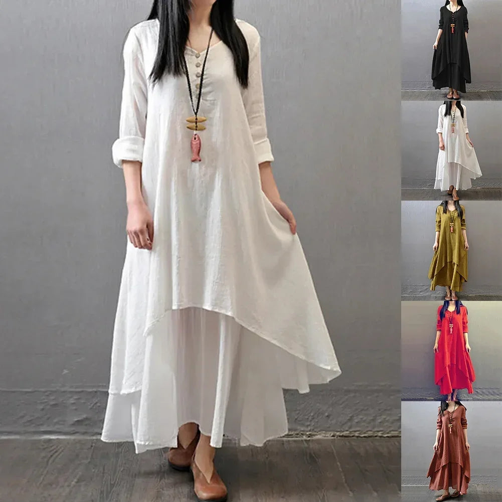 Women Elegant Linen White Dresses Bohemia Layering Vintage Robe Long Sleeve Loose Long Dress Female Autumn Vestidos - Lootquake