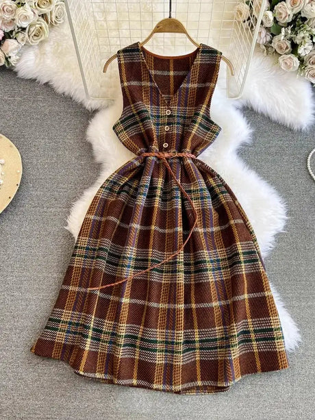 Autumn Winter Plaid Woolen Dress Women Vintage V Neck Sleeveless Long Dress With Belt Streetwear Sundress - Lootquake