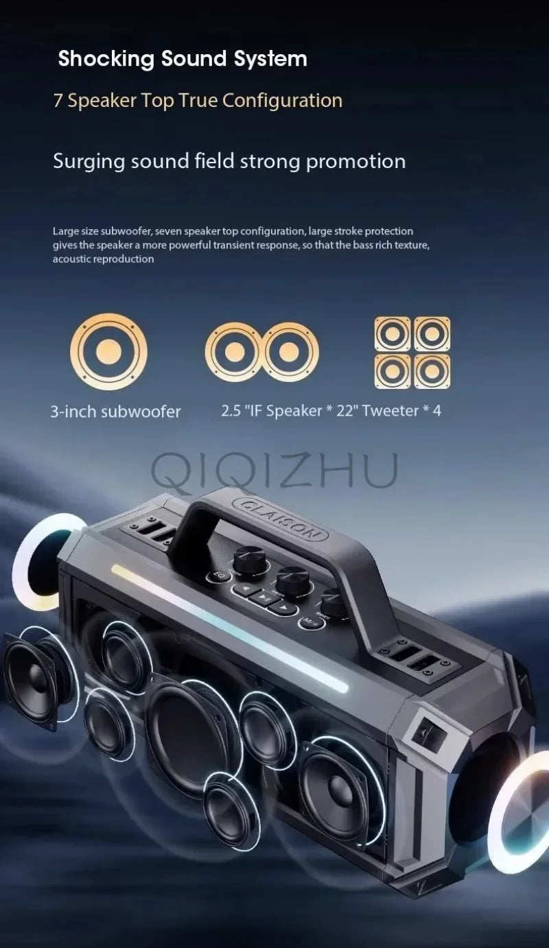 Enceinte Bluetooth sans fil haute puissance 300 W, portable, étanche IPX6, idéale pour les fêtes en extérieur.