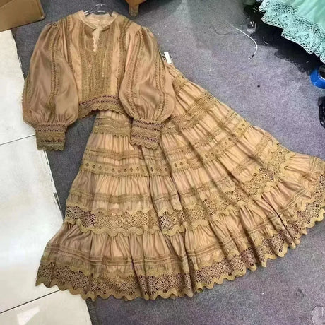 Elegant Fashionable Heavy Duty Spliced Lace Long Dress Set 2024 New Style Cross-Border Trade Europe And America Style - Lootquake