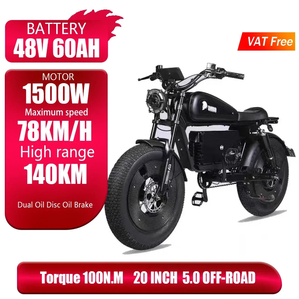 ZPW Black Warrior - Bicicleta eléctrica de carretera para adultos, 1500 W, 48 V, 60 Ah, 20 pulgadas, todoterreno, neumáticos anchos