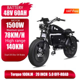 ZPW Black Warrior - Bicicleta eléctrica de carretera para adultos, 1500 W, 48 V, 60 Ah, 20 pulgadas, todoterreno, neumáticos anchos